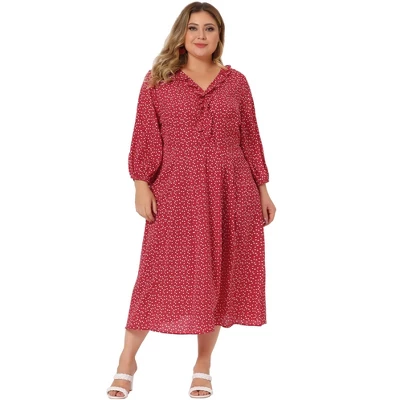 Agnes Orinda Women's Plus Size Casual Long Sleeve Sweetheart Print Midi Ruffle Dress 2 Agnes Orinda Women's Plus Size Casual Long Sleeve Sweetheart Print Midi Ruffle Dress - Image 2