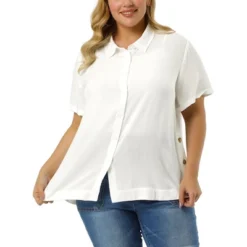 Agnes Orinda Women's Plus Size Sheer Button Front Side Slit Roll Up Sleeve Shirt