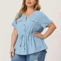 Agnes Orinda Women's Plus Size Drawstring Waist Button Down Chambray Blouse