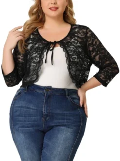 Agnes Orinda Women's Plus Size Shrug 3/4 Sleeves Lace Tie Neck Crop Bolero Cardigan -Agnes Sales Store GUEST 5976544c 8d1b 42c1 a84f 5df0e1385501