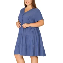 Agnes Orinda Women's Plus Size Babydoll Tiered V Neck Short Sleeve Chambray Dresses -Agnes Sales Store GUEST 5a003365 f77b 4381 aefd bca4936ee538