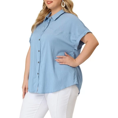Agnes Orinda Women's Plus Size Chambray Work Roll Sleeves Buttons Down Shirts 6 Agnes Orinda Women's Plus Size Chambray Work Roll Sleeves Buttons Down Shirts - Image 6