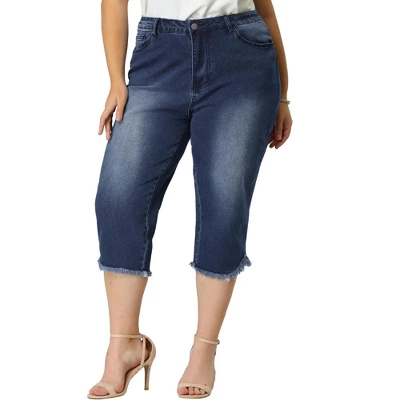 Agnes Orinda Women's Plus Size Casual Capri Frayed Hem Washed Chambray Denim Jean 3 Agnes Orinda Women's Plus Size Casual Capri Frayed Hem Washed Chambray Denim Jean - Image 3