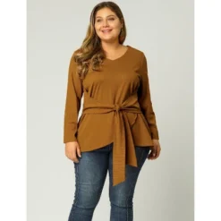 Agnes Orinda Women's Plus Size Workwear Fashion Belted Knot Tie Knit Blouses
