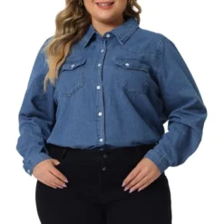 Agnes Orinda Women's Plus Size Denim Long Sleeve Button Down Jean Pockets Shirts