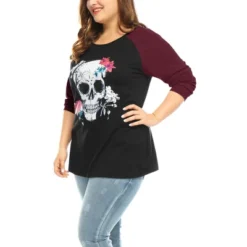 Agnes Orinda Women's Plus Size Floral Skull Contrast Color Raglan T-shirt -Agnes Sales Store GUEST 5bd72eff 47f5 4d13 b254 14853bb672a3