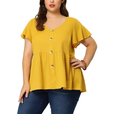 Agnes Orinda Women's Plus Size Summer Flare Sleeve Button Front Peplum Shirts 1 Agnes Orinda Women's Plus Size Summer Flare Sleeve Button Front Peplum Shirts