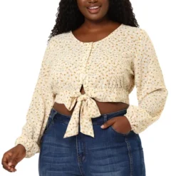 Agnes Orinda Women's Plus Size Crop Tops Floral Tie Waist Puff Sleeve Blouse