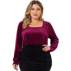 Agnes Orinda Women's Plus Size Ribbed Velvet Textured Elegant Long Sleeve Blouse