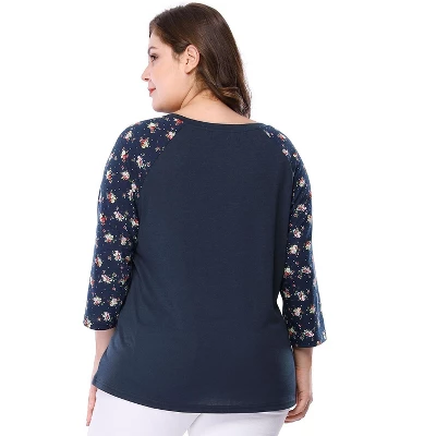 Agnes Orinda Women's Plus Size V Neck 3/4 Sleeve Raglan Floral Print Peasant Tops 4 Agnes Orinda Women's Plus Size V Neck 3/4 Sleeve Raglan Floral Print Peasant Tops - Image 4