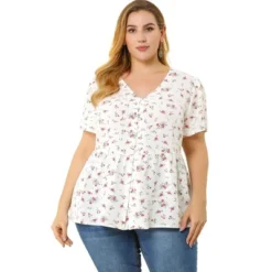 Agnes Orinda Women's Plus Size V Neck Ruffle Hem Short Sleeve Cinched Waist Floral Peplum Top -Agnes Sales Store GUEST 5cb7d887 ac36 46b4 9a09 40024fe6cd8e