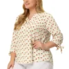 Agnes Orinda Women's Plus Size Shirt Floral Botton Up Tie 3/4 Sleeve Tunic V Neck Blouse
