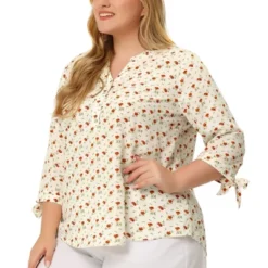 Agnes Orinda Women's Plus Size Shirt Floral Botton Up Tie 3/4 Sleeve Tunic V Neck Blouse