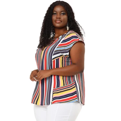 Agnes Orinda Women's Plus Size Blouse Keyhole Neck Cap Sleeve Stripe Top 3 Agnes Orinda Women's Plus Size Blouse Keyhole Neck Cap Sleeve Stripe Top - Image 3
