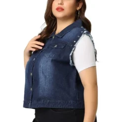 Agnes Orinda Women's Plus Jean Vest Chest Pockets Frayed Hem Single Breasted Denim Vest With Rivets
