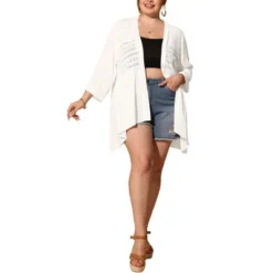 Agnes Orinda Women's Plus Size 3/4 Sleeve Lace Panel High-Low Hem Trendy Beach Cardigans