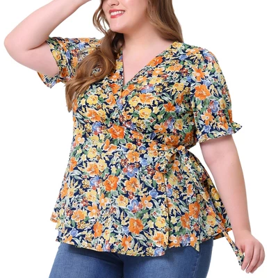 Agnes Orinda Women's Plus Size Blouse Floral Ruffle Sleeve Faux Wrap Peplum Top 7 Agnes Orinda Women's Plus Size Blouse Floral Ruffle Sleeve Faux Wrap Peplum Top - Image 7