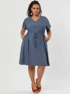 Agnes Orinda Women's Plus Size Tie Waist Short Sleeve Chambray Shirtdress