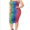 Agnes Orinda Women's Plus Size Rainbow Tie Shoulder Gathering Bodycon Midi Dress