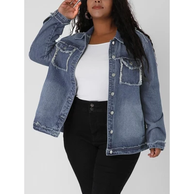 Agnes Orinda Women's Plus Size Button Down Frayed Chest Pockets Short Denim Jacket 1 Agnes Orinda Women's Plus Size Button Down Frayed Chest Pockets Short Denim Jacket