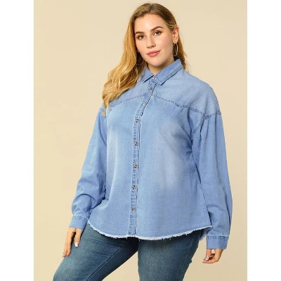 Agnes Orinda Women's Plus Size Button Down Long Sleeve Denim Shirts 3 Agnes Orinda Women's Plus Size Button Down Long Sleeve Denim Shirts - Image 3