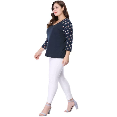 Agnes Orinda Women's Plus Size V Neck 3/4 Sleeve Raglan Floral Print Peasant Tops 3 Agnes Orinda Women's Plus Size V Neck 3/4 Sleeve Raglan Floral Print Peasant Tops - Image 3