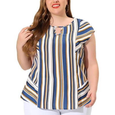 Agnes Orinda Women's Plus Size Blouse Keyhole Neck Cap Sleeve Stripe Top 6 Agnes Orinda Women's Plus Size Blouse Keyhole Neck Cap Sleeve Stripe Top - Image 6