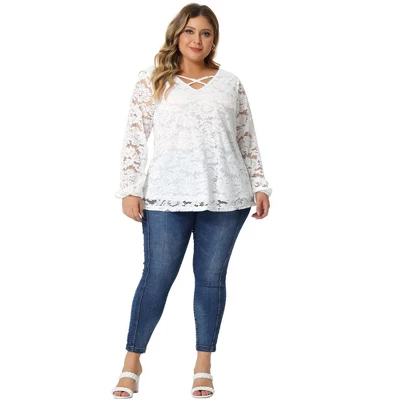 Agnes Orinda Women's Plus Size Lace Sheer Long Sleeve Layer Cross Elastic Cuff V Neck Blouse 2 Agnes Orinda Women's Plus Size Lace Sheer Long Sleeve Layer Cross Elastic Cuff V Neck Blouse - Image 2