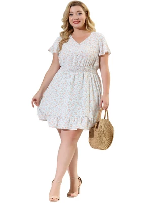 Agnes Orinda Women's Plus Size Dresses Floral Print Smocked Waist Flutter Sleeve Midi Dress 2 Agnes Orinda Women's Plus Size Dresses Floral Print Smocked Waist Flutter Sleeve Midi Dress - Image 2