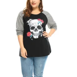 Agnes Orinda Women's Plus Size Floral Skull Contrast Color Raglan T-shirt -Agnes Sales Store GUEST 678a680e 055a 479a 85f9 e9b093e742d2