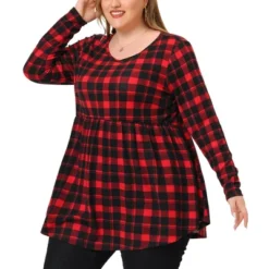 Agnes Orinda Women's Plus Size Blouse Casual Long Sleeve Plaid Babydoll Top