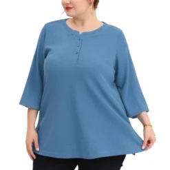 Agnes Orinda Women's Plus Size Round Neck Half Placket 3/4 Sleeve Basic Tops -Agnes Sales Store GUEST 680a7f9e 5cb3 45ad a774 13efb9eb0675