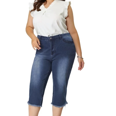 Agnes Orinda Women's Plus Size Casual Capri Frayed Hem Washed Chambray Denim Jean 6 Agnes Orinda Women's Plus Size Casual Capri Frayed Hem Washed Chambray Denim Jean - Image 6