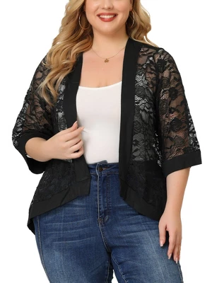 Agnes Orinda Women's Plus Size Elegant Open Front 3/4 Sleeve Lace Lightweight Tunic Cardigans 1 Agnes Orinda Women's Plus Size Elegant Open Front 3/4 Sleeve Lace Lightweight Tunic Cardigans