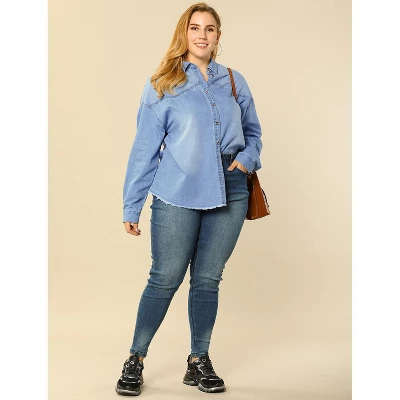 Agnes Orinda Women's Plus Size Button Down Long Sleeve Denim Shirts 2 Agnes Orinda Women's Plus Size Button Down Long Sleeve Denim Shirts - Image 2