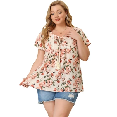 Agnes Orinda Women's Plus Size Chiffon Blouses Tie Neck Tassel Lace Insert Flare Short Sleeve Floral Tops 3 Agnes Orinda Women's Plus Size Chiffon Blouses Tie Neck Tassel Lace Insert Flare Short Sleeve Floral Tops - Image 3