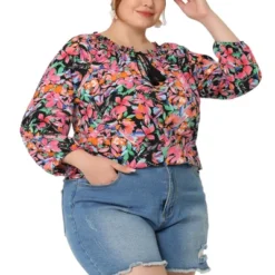 Agnes Orinda Women's Plus Size 3/4 Sleeves Self Tie Neck Floral Blouse -Agnes Sales Store GUEST 6d69877a 0eb9 4831 919f f8f5edc55bc4