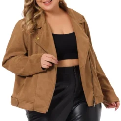 Agnes Orinda Women's Plus Size Faux Suede Lapel Collar Long Sleeve Zipper Moto Jacket