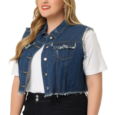 Agnes Orinda Women's Plus Size Jean Raw Hem Button Down Sleeveless Crop Denim Vest 6 Agnes Orinda Women's Plus Size Jean Raw Hem Button Down Sleeveless Crop Denim Vest - Image 6