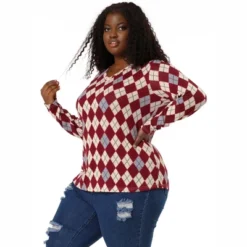 Agnes Orinda Women's Plus Size V Neck Argyle Long Sleeve Stretch Knit Pullover Top -Agnes Sales Store GUEST 6f12eecc 193b 4c70 b16e 00ee4b7cc192