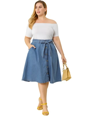 Agnes Orinda Women's Plus Size Denim Tie Waist Button Front A-Line Midi Skirts 2 Agnes Orinda Women's Plus Size Denim Tie Waist Button Front A-Line Midi Skirts - Image 2
