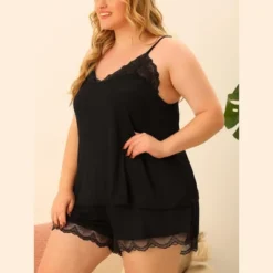 Agnes Orinda Plus Size Sleepwear For Women Pajamas Set Lingerie Lace Trim Shorts Nightwear