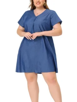 Agnes Orinda Women's Plus Size Solid Pleat V Neck Chambray Dress