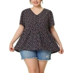 Agnes Orinda Women's Plus Size V Neck Ruffle Hem Short Sleeve Cinched Waist Floral Peplum Top -Agnes Sales Store GUEST 714b812f 9f08 4d6a af90 78d7e43d88eb