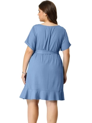 Agnes Orinda Women's Plus Size Belt Waist Ruffle Hem Chambray Shirt Dress 4 Agnes Orinda Women's Plus Size Belt Waist Ruffle Hem Chambray Shirt Dress - Image 4