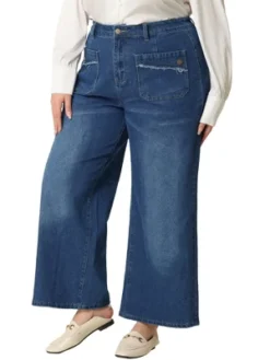 Agnes Orinda Women's Plus Size Wide Leg Stretch Washed Palazzo Denim Jeans