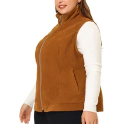 Agnes Orinda Women's Plus Size Corduroy Zipper Side Pocket Casual Sleeveless Fleece Vests