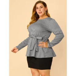 Agnes Orinda Women's Plus Size Houndstooth Formal Outfits Plaid Tie Waist Workear Blouses -Agnes Sales Store GUEST 73973bad 5c81 46db b100 8da7a88436be