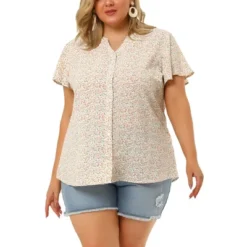 Agnes Orinda Women's Plus Size Floral Flare Short Sleeve Button Down Chiffon Shirt -Agnes Sales Store GUEST 73e8b283 cc07 4d94 b53f ae67ec5b3c6d