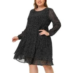 Agnes Orinda Women's Plus Size Chiffon Polka Dots Tie Waist Long Sleeve Dress